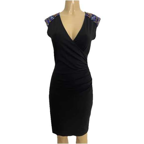 Cache Dress Sheath Cap Sleeve Surplice V neck Black Beaded Embellished Ruched M - Picture 1 of 6